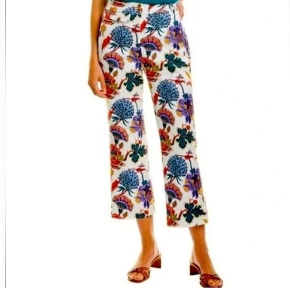 J Crew Women's White Embroidery Floral Pants Colorful Pocket Crop Capri Size 8